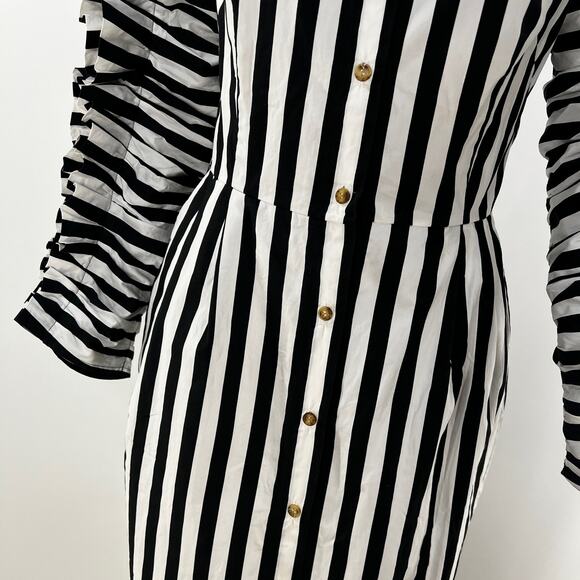 Anna October Off the Shoulder Stripe Dress Black White Midi Ruffle Sleeves - Picture 5 of 16